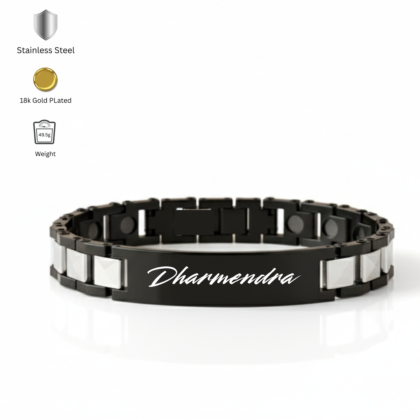Close up of custom engraved bracelet for men with name and date
