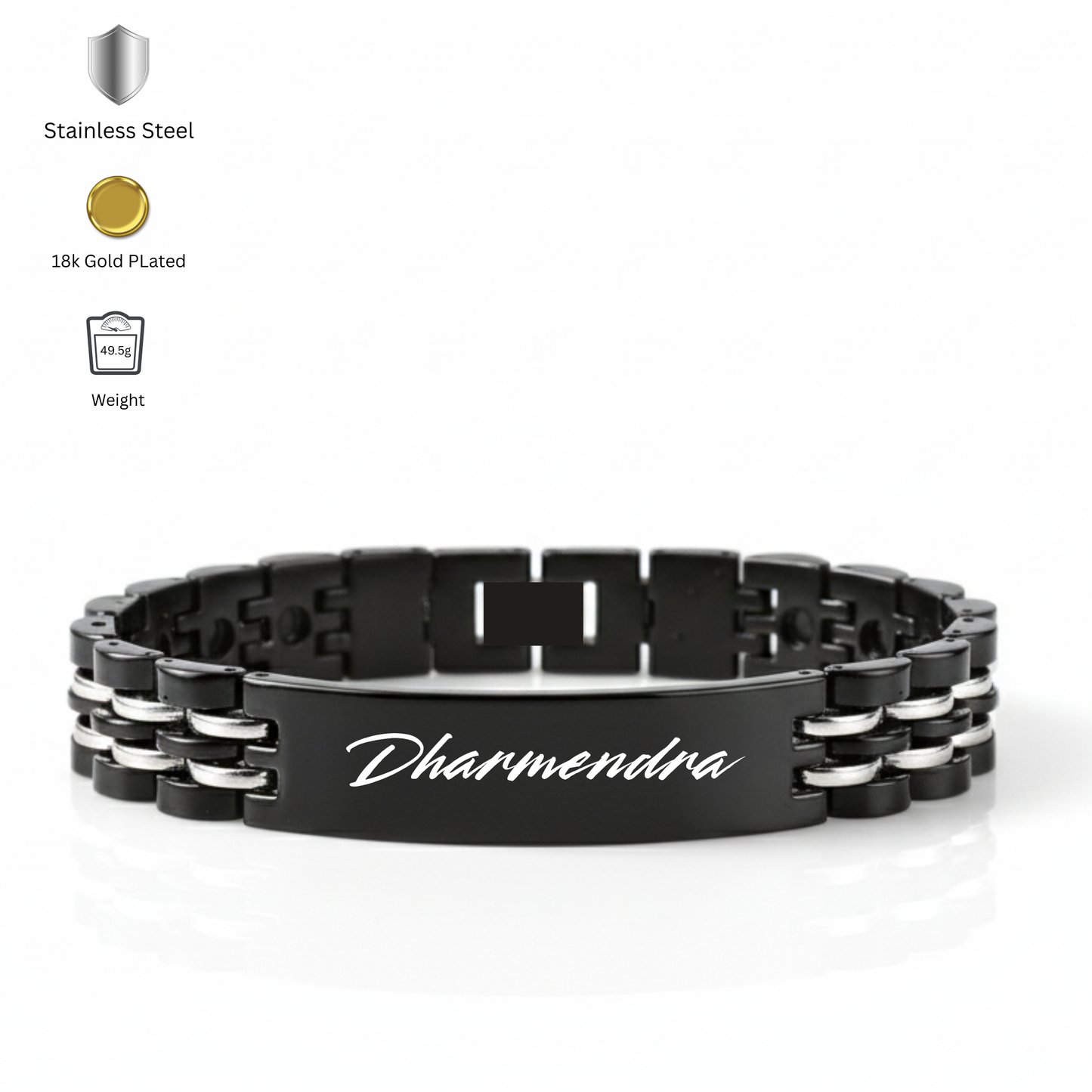 Close up of custom engraved bracelet for men with name and date