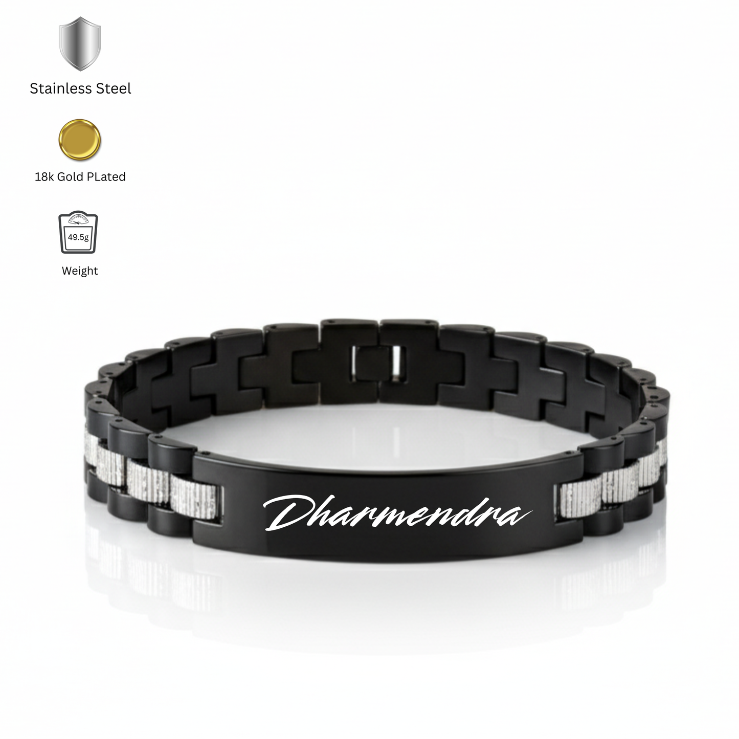 Close up of custom engraved bracelet for men with name and date
