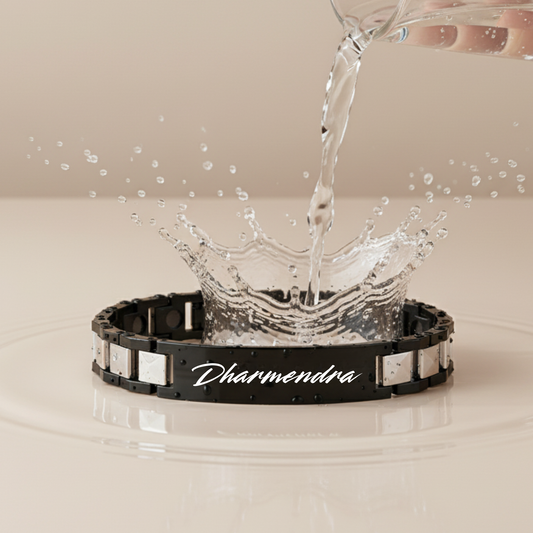 Side view of personalized name bracelet for boys with engraved text