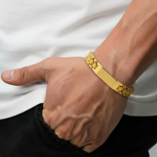 Man wearing Apex Bracelet gold bracelet for men with formal outfit