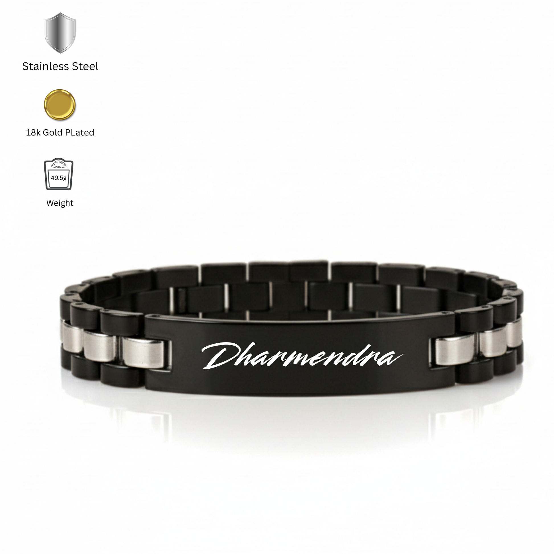 Close up of custom engraved bracelet for men with name and date