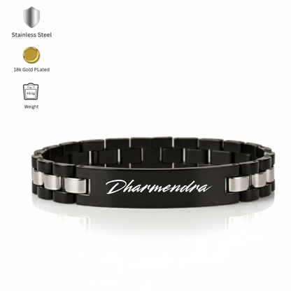 Close up of custom engraved bracelet for men with name and date