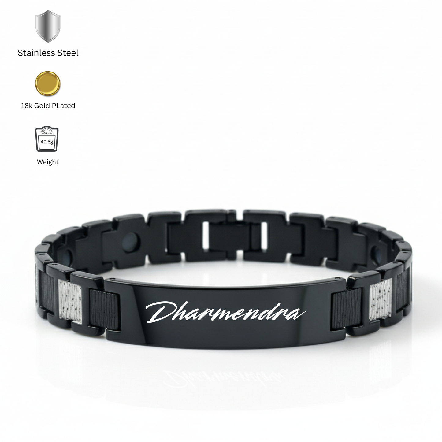 Close up of custom engraved bracelet for men with name and date