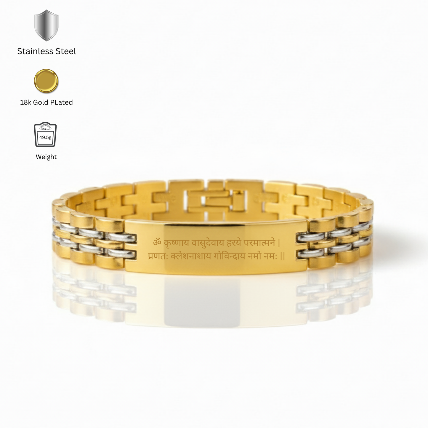 Close up of Hare Krishna bracelet for men engraved Krishnaya Vasudevaya mantra