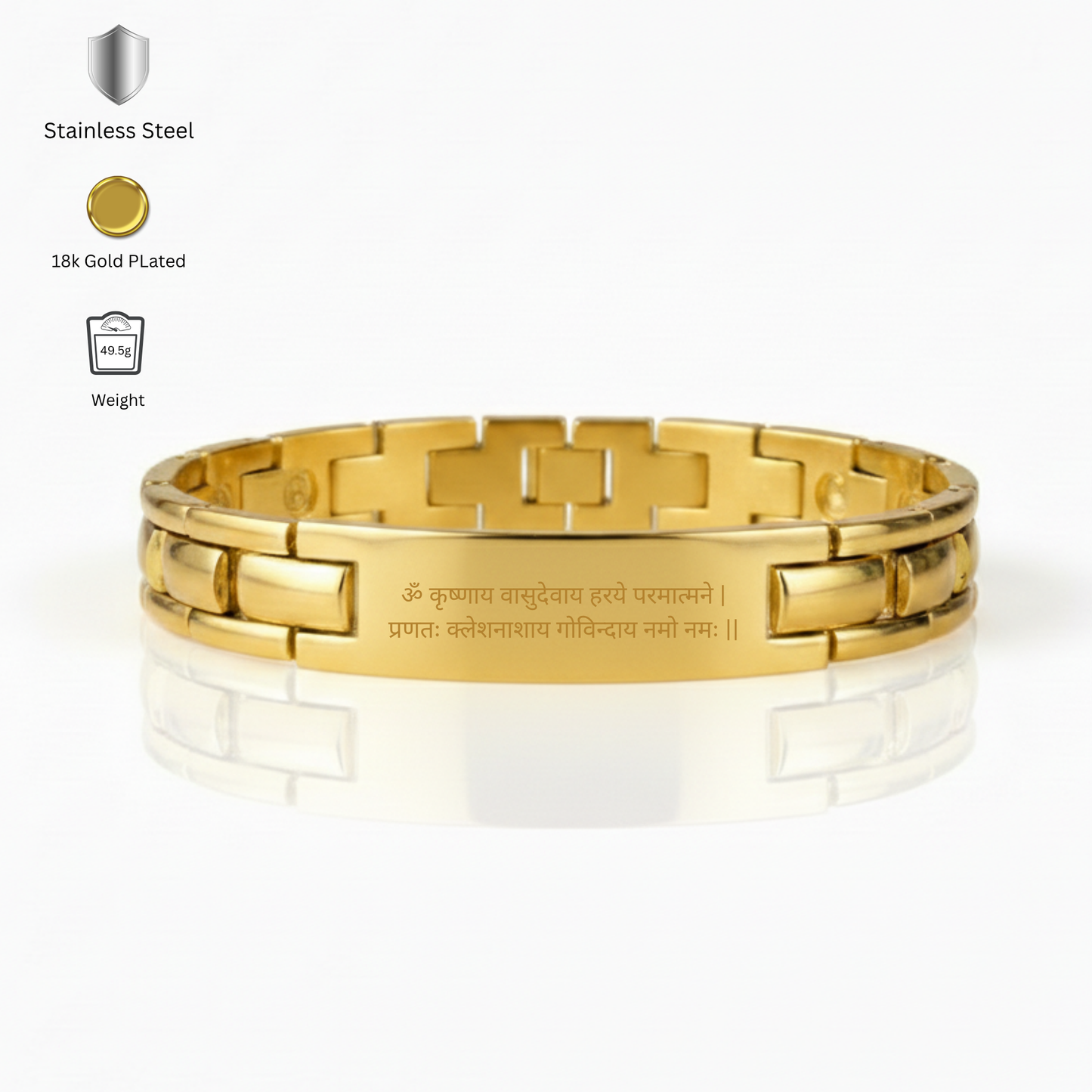 Close up of Hare Krishna bracelet for men engraved Krishnaya Vasudevaya mantra