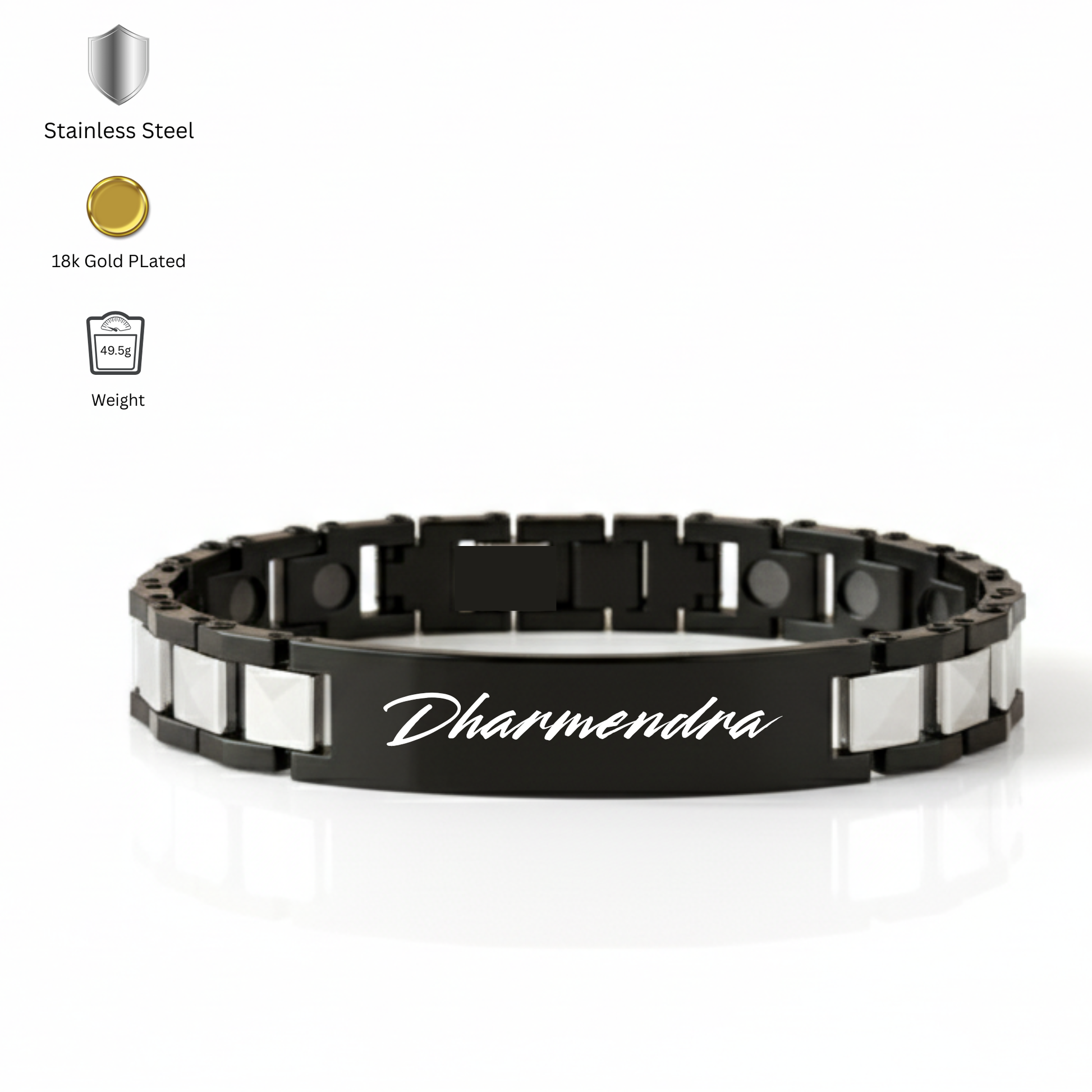 Close up of custom engraved bracelet for men with name and date