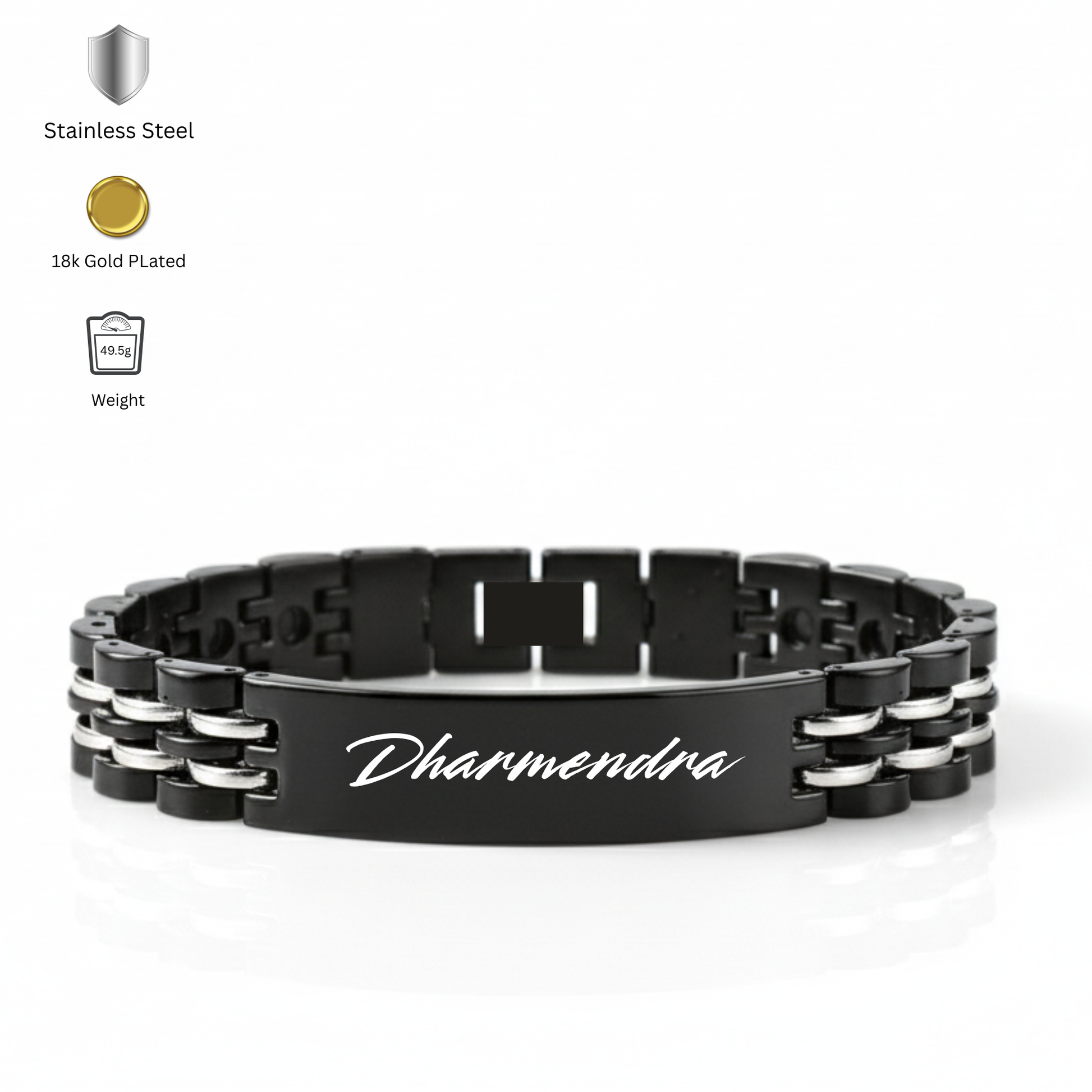 Close up of custom engraved bracelet for men with name and date