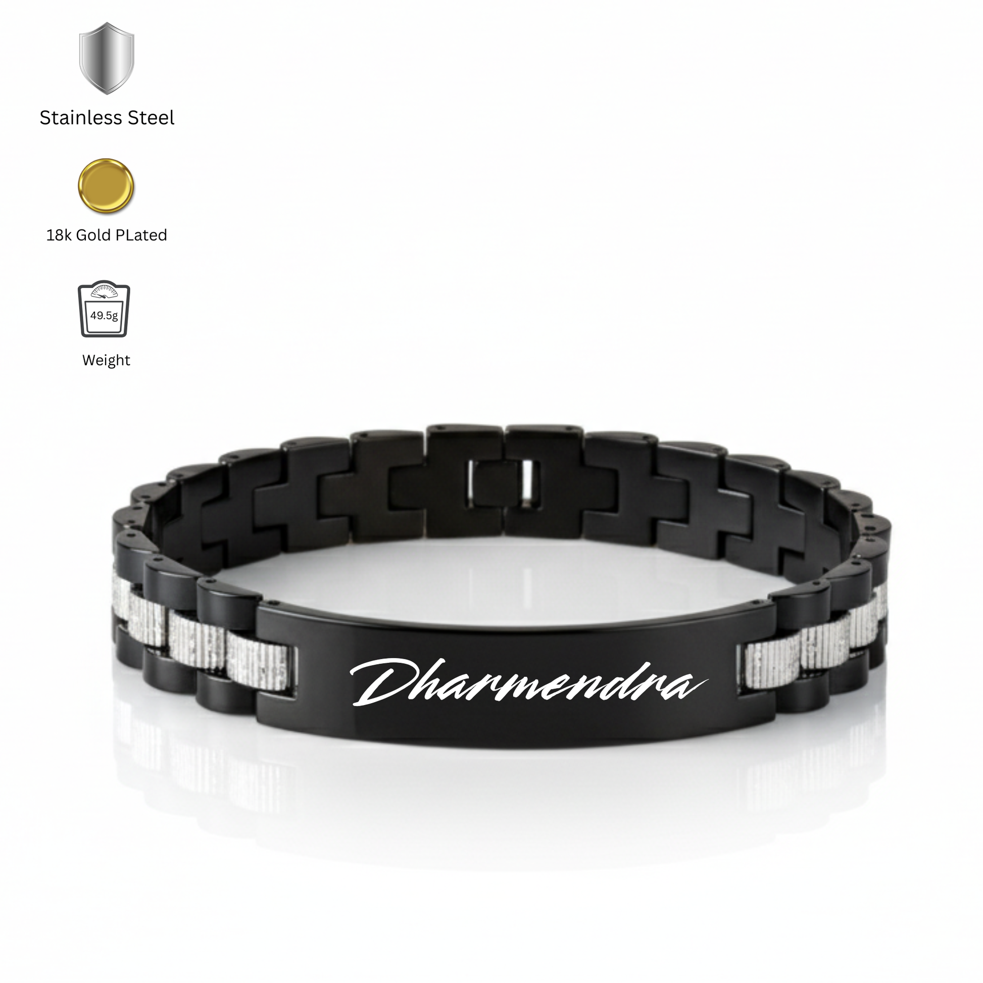 Close up of custom engraved bracelet for men with name and date