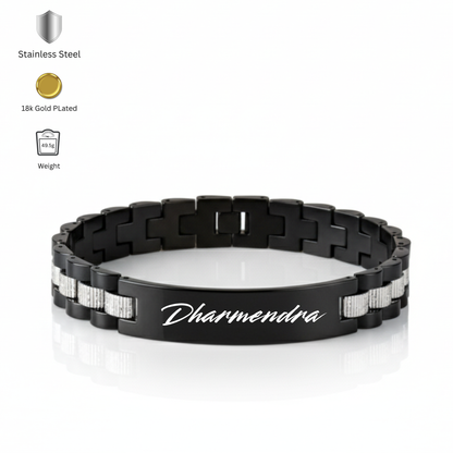 Close up of custom engraved bracelet for men with name and date