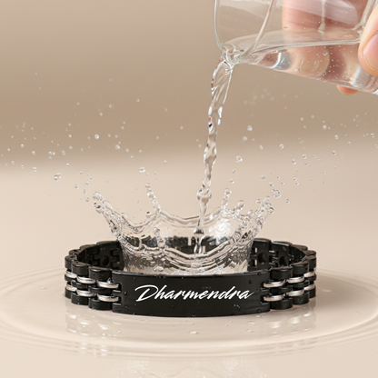 Side view of personalized name bracelet for boys with engraved text